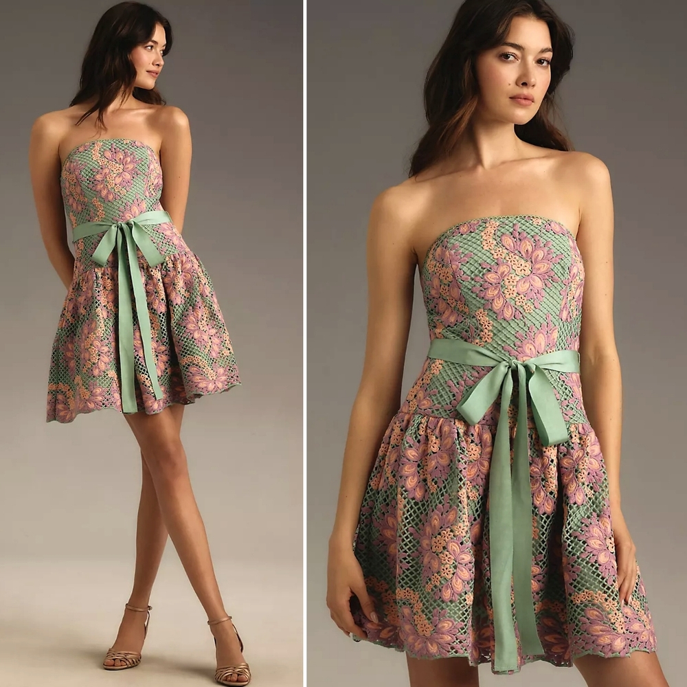NWT, Anthropologie, Shoshanna Strapless Belted Floral Lace Mini Dress